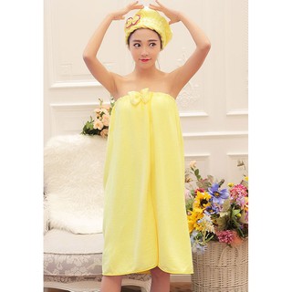 ann0009 ผ้าเช็ดตัวนาโน สีเหลือง สดใส นุ่งได้ ฟรี ผ้าคลุมหัว