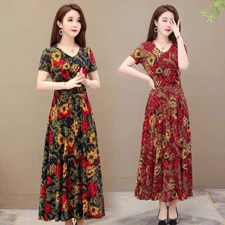 พร้อมส่งในไทย เดรสสตรีสวยหรูเนื้อผ้าเรียบๆใส่สบาย แฟชั่นวินเทจลายผสมผสานเดรสยาวกระโปรงทรงซ้อนสวยมาก
