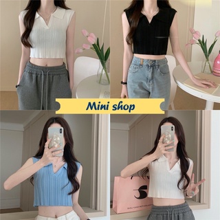 Mini shop🌸พร้อมส่ง🌸 (6797) เสื้อครอปไหมพรมแขนกุด ผ้าร่องน่ารักสีพาสเทลน่ารักๆ