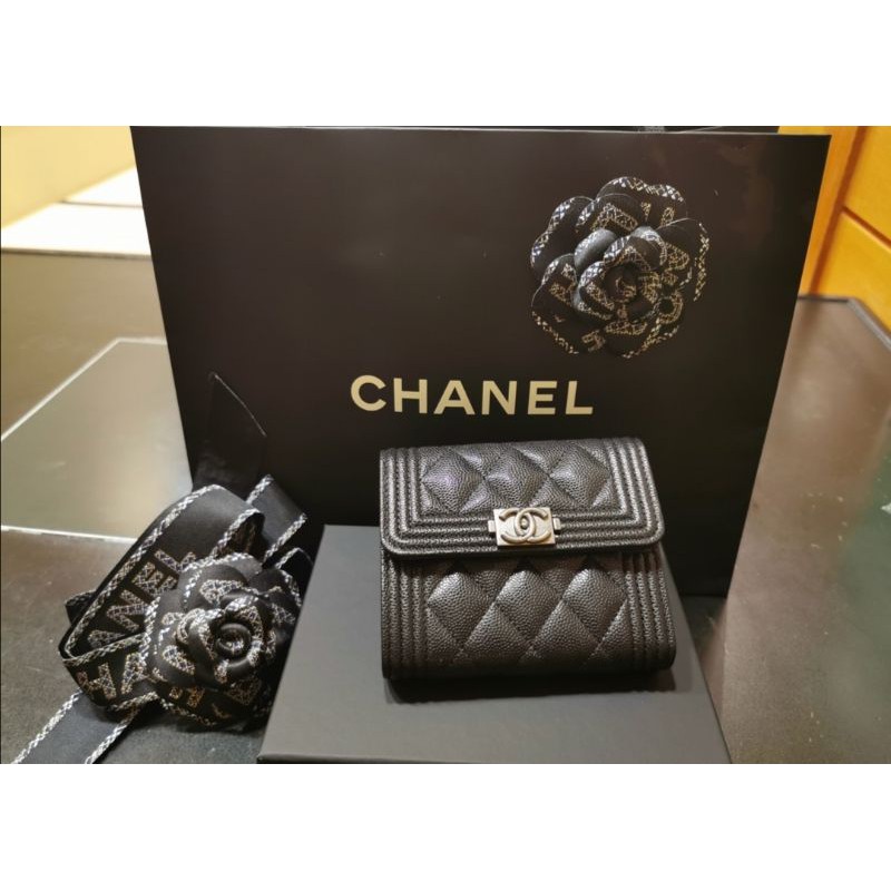 Used Chanel boy Tri-fold Compact Wallet in Black Caviar