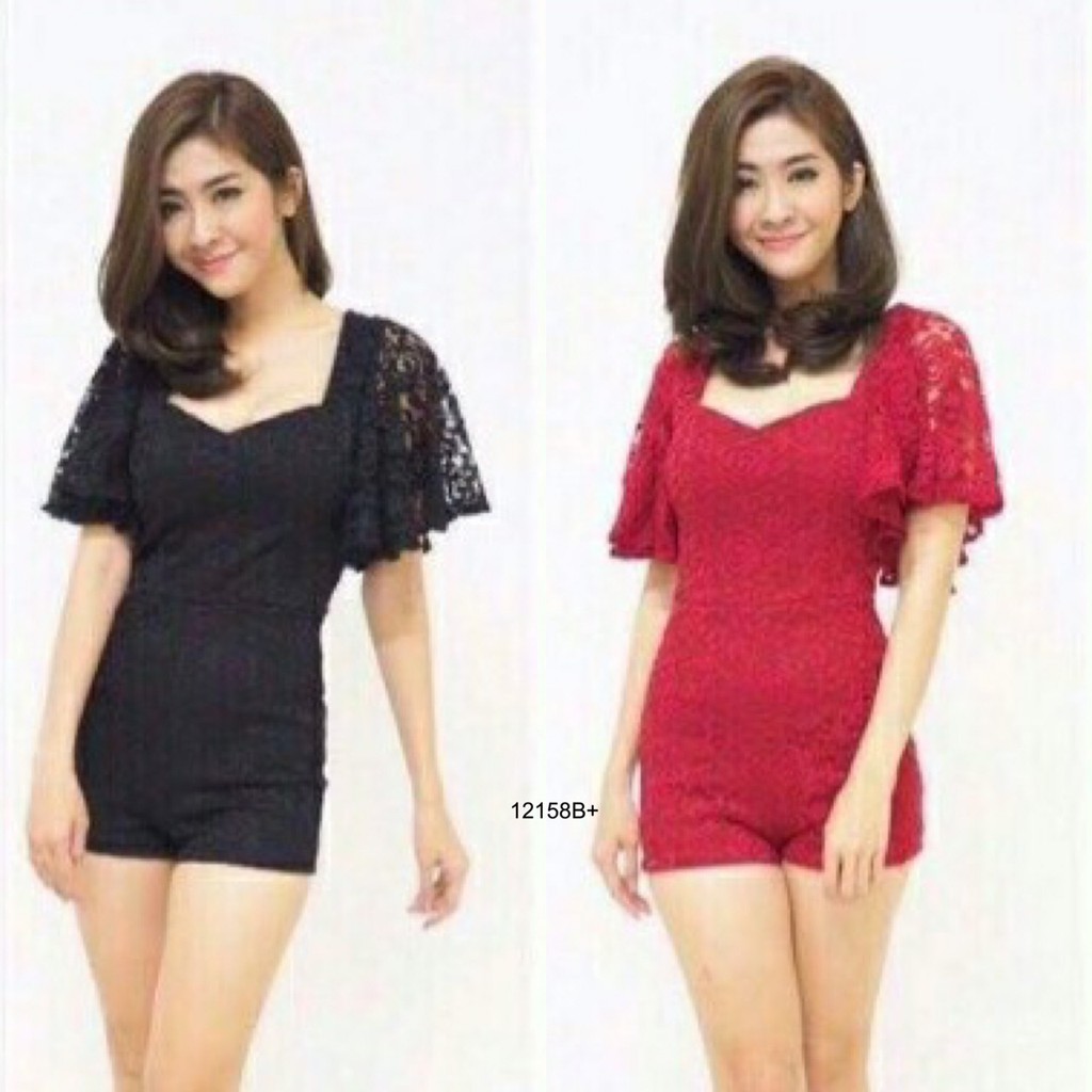 TwinsShopVip💗พร้อมส่ง TW12158 จั้มสูทลูกไม้หลังกากบาท