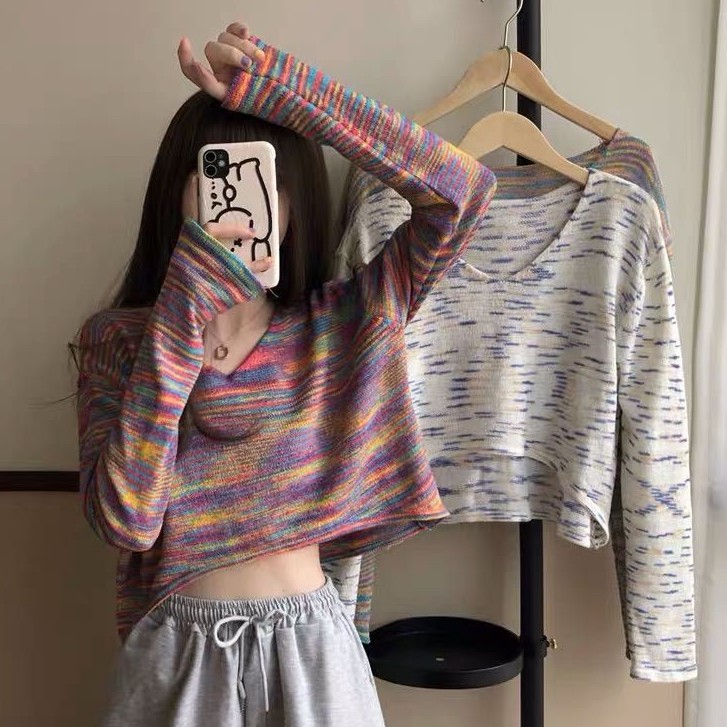 mimi&didi 0767 พร้อมส่ง เสื้อถักไหมพรมแขนยาว คอวี สีเรนโบว์