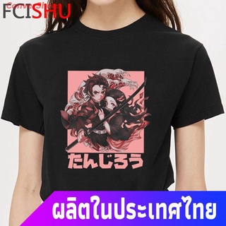 เสื้อยืดแขนสั้น เสื้อยืดลายทางเสื้อยืดแขนสั้นพิมพ์ลาย Demon Slayer สไตล์ฮิปฮอปสําหรับผู้ชายและผู้หญิงสไตล์เกาหลี เสื้อยื