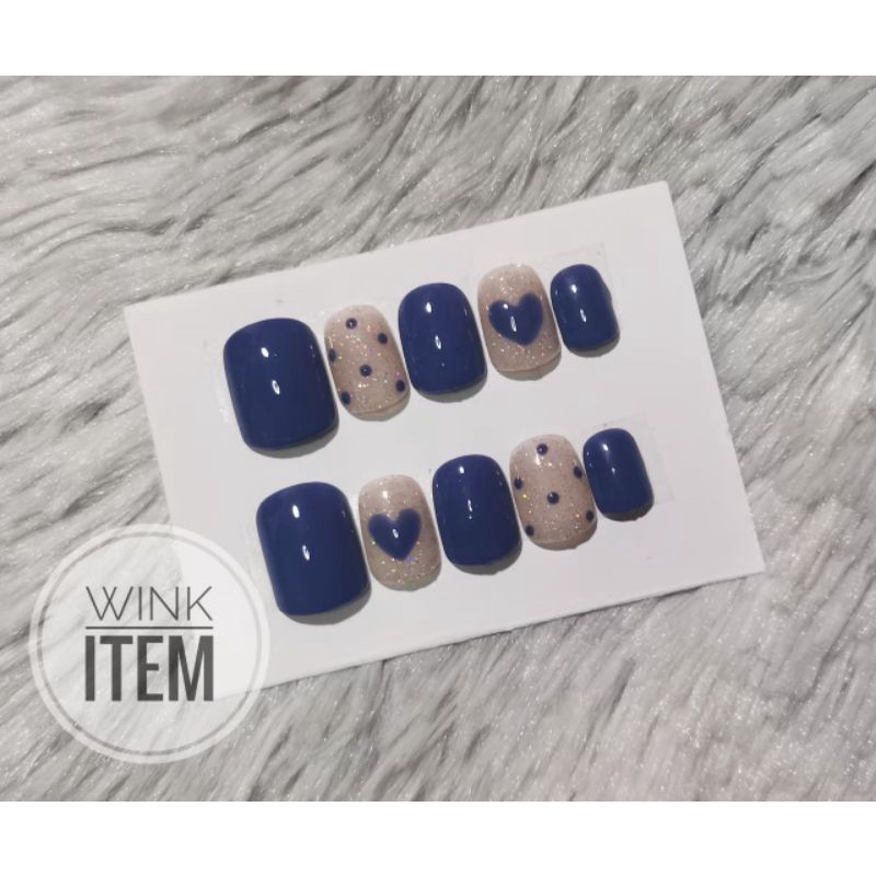 W025 เล็บ เล็บปลอม เล็บเจล  เล็บปลอมเพ้นท์ลาย​หัวใจสีน้ำเงิน​💙 แถมกาว+ตะไบฟรี