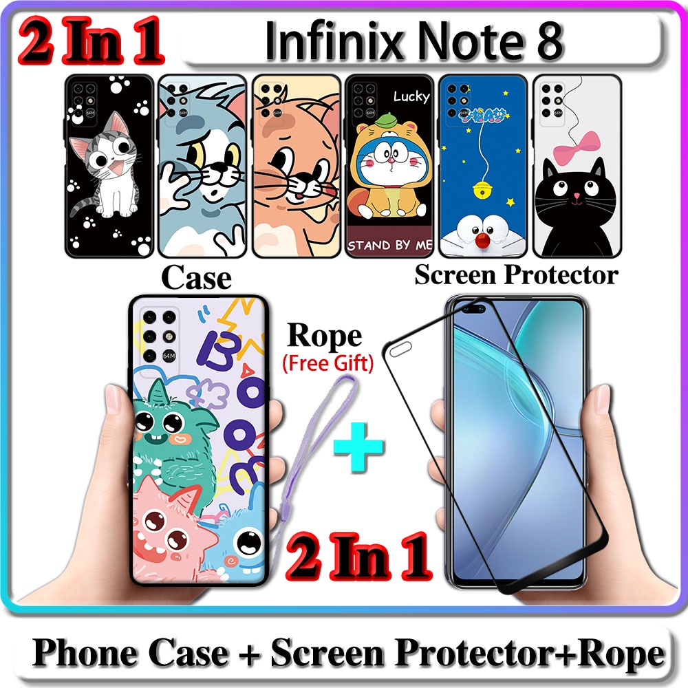 2 IN 1 เคส Infinix Note 8 พร้อมกระจกนิรภัยกันรอยหน้าจอโค้ง เซรามิค ลายแมวและโดราเอมอน