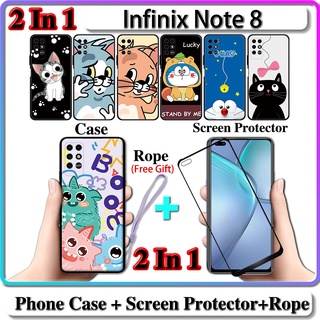 2 IN 1 เคส Infinix Note 8 พร้อมกระจกนิรภัยกันรอยหน้าจอโค้ง เซรามิค ลายแมวและโดราเอมอน