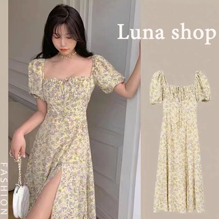 Luna shop🍑 เดรส🍄ชุดเดรสยาวลายดอกไม้คอสี่เหลี่ยมสไตล์ฝรั่งเศส🚚พร้อมส่งจากกทม มาถึงใน 3-5 วัน