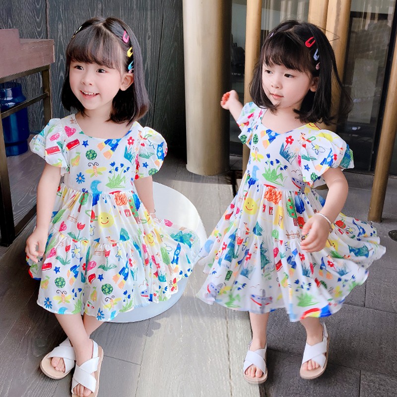 NANA พร้อมส่ง ชุดเดรสเด็กผู้หญิง กระโปรงการพิมพ์เด็กผู้หญิง ด้านหลังผูกโบว์สไตล์เด็กเกาหลีX55227