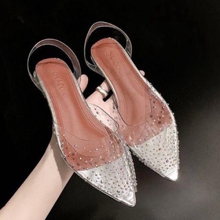 35-42 รองเท้าแตะรัดส้น  Diamond Flat ส้นใส แต่งเพชรหรูหรา สวยๆเลยค่า