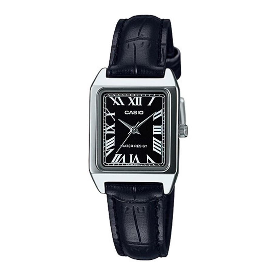 Casio Standard นาฬิกาข้อมือผู้หญิง สายหนังแท้ รุ่น LTP-V007,LTP-V007L,LTP-V007L-1B,LTP-V007L-1BUDF - สีเงิน-ดำ