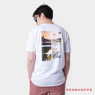 แฟชั่นยูนิเซ็กซ์ ▤เสื้อยืดกราฟิกสำหรับผู้ชาย Penshoppe Outdoor Lifestyle ด้านหน้าและด้านหลัง (สีขาว)