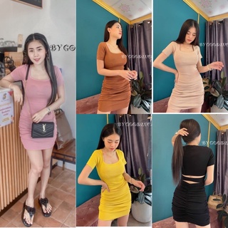🔥aimorn_shop🔥เดรสเข้ารูป (ใหม่)ทรงคอยูแขนสั้น แต่งย่นข้างเว้าหลัง งานนี้พลังแซ่บบสุด ผ้ายืดใส่สบายมาก