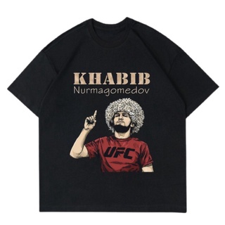 เสื้อยืดสีขาวเสื้อยืดแขนสั้น ผ้าฝ้าย ลาย Khabib NURMAGOMEDOV UFC สไตล์วินเทจ โอเวอร์ไซซ์ สีดํา ขาว ดํา สําหรับผู้ชาย ผู้