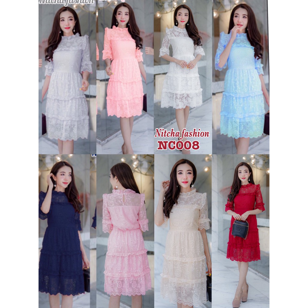 NF0008 เดรสผ้าลูกไม้คอระบาย แขนระฆัง เอวยางหลัง กระโปรงแต่งระบายพร้อมซับใน มี 5 ไซส์ M-3XL