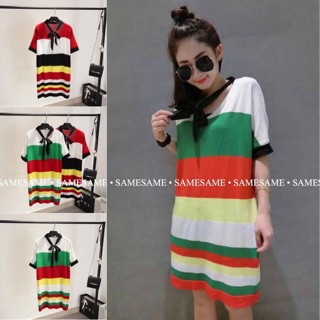 RIBBON NECK STRIPE KNITTING DRESS