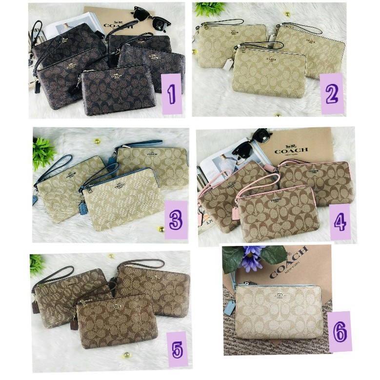 Coach แท้ ✔️ พร้อมส่ง กระเป๋าคล้องมือ 2 ซิป L | Coach Double Zip Wallet in Signature Canvas