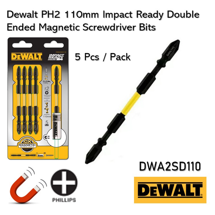 Dewalt DWA2SD110 PH2 110mm Impact Double-Ended ไขควงแม่เหล็กบิต ( 5 ชิ้น)