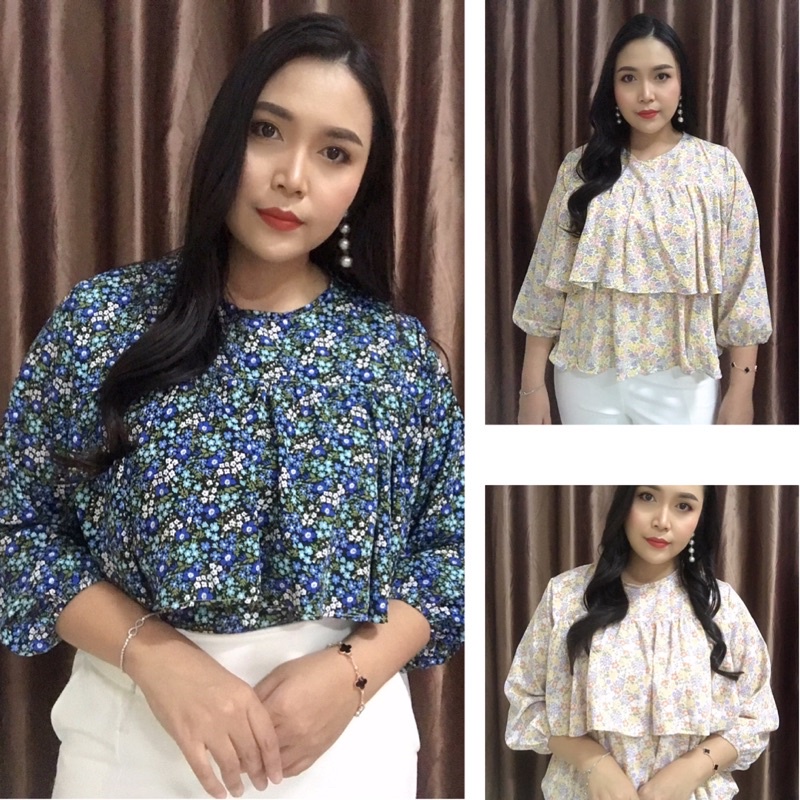 เสื้อน่ารักๆสาวอวบอ้วน เสื้อพิมพ์ลายดอกไม้พ่นสี ระบายสองชั้น แขนสามส่วน