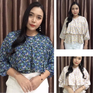 เสื้อน่ารักๆสาวอวบอ้วน เสื้อพิมพ์ลายดอกไม้พ่นสี  ระบายสองชั้น  แขนสามส่วน