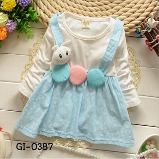 เดรสสั้นเด็กผู้หญิงสีฟ้า คอกลม แขนยาว เอี๊ยมตัวหนอน หูกระดิก