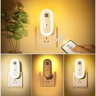 COMELY ไฟกลางคืน LED ไฟข้างเตียง Dimming socket light สามห้องนอนรีโมทคอนโทรลจับเวลา 2USB ซ็อกเก็ต 2A fast charge