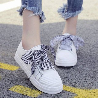 !! Hot !! รองเท้าผ้าใบแฟชั่นผู้หญิง แต่งเชือกผูกหลายสก็อต คุ้มค่าคุ้มราคา F007