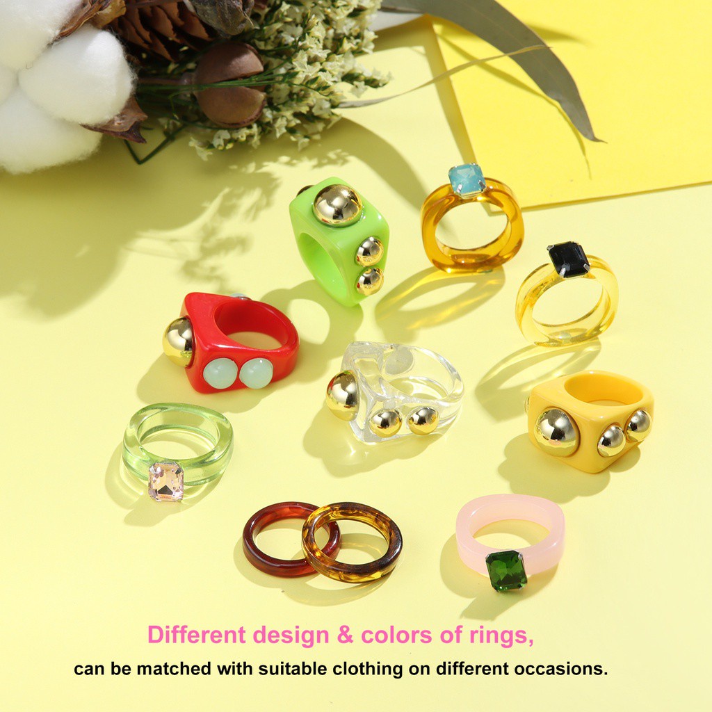 SOLIGHTER 10pcs Gift Colorful Ring Women Girls Acrylic Jewelry Resin ...