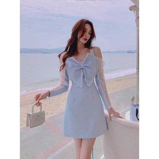 พร้อมส่ง👗blue lace sleeve bow chest open shoulder mini dress👗