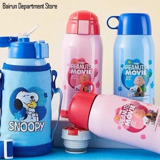 ขวดน้ำเด็ก Snoopy Thermos Cup เด็กนักเรียนอนุบาลหญิงสแตนเลสน่ารักพร้อม Straw Dual-use Anti-fall Water