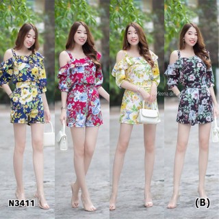 ืN3411Set 2 ชิ้นเสื้อลายดอกระบายเฉียงเปิดไหล่