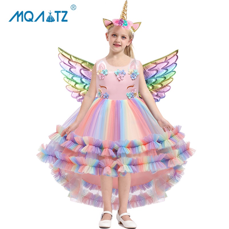 Mqatz ชุดเดรสคอสเพลย์ ปีกยูนิคอร์น ลายดอกไม้ สไตล์เจ้าหญิง หลากสี สําหรับเด็กผู้หญิง 3 ชิ้น DJS023