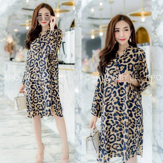 เสือ xlDress bigsize leopard มินิเดรสสาวอวบลายเสือ คอจีนแต่งกระดุมสามเม็ด