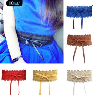 ※ชุดเดรสแฟชั่น Bowknot Faux Leather Lace เข็มกลัดประดับเข็มขัดคาดเอววงกว้าง