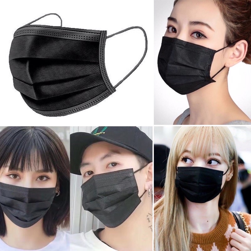 พร้อมส่ง🖤 Face Mask หน้ากากอนามัยสีดำ 3ชั้น/แมสสีดำราคาถูกสุดกล่องละ50ชิ้นแมสคาร์บอน