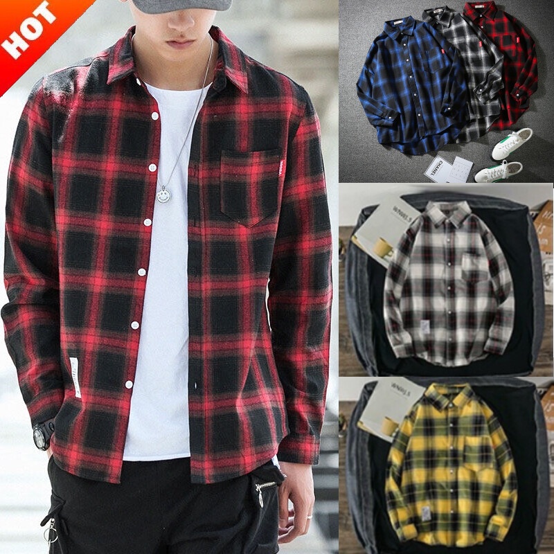 เสื้อเชิ้ตแขนยาว คอปก ลายสก๊อต ขนาดใหญ่ แฟชั่นสําหรับผู้ชาย ไซซ์ M – 3XL
