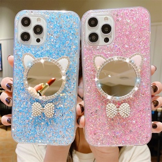 2021 New เคสโทรศัพท์ Realme GT Master Edition /Realme GT NEO2 5G /Realme X7 Pro /Realme 7 Pro /Realme 7 /Realme 8 Pro /Realme 8 5G Phone Case Sequins Inlay Water Flash Bow With Cute Cat Ears Mirror Soft Cover เคส Realme GT NEO2 5G