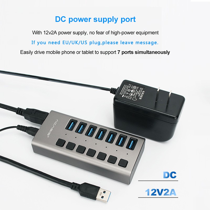 ACASIS 7 Port USB 3.0 HUB Support BC1.2 Charging with 12V Power Adapter Aluminum USB Splitter For  Accessories Desktop OTG