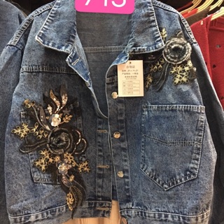 (พร้อมส่ง) Jacket Jeans งานแต่งดอกไม้สีดำ3D