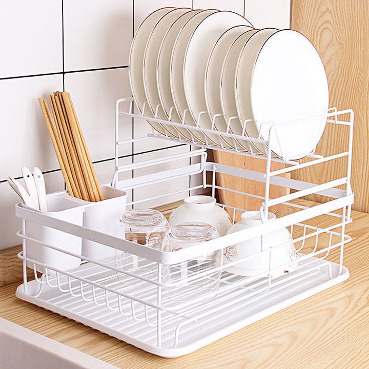 2 Tier Two Dish Drainer Kitchen Plates Bowls Cutlery Holder Utensils Rack Tray 