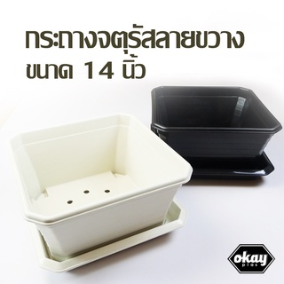 ซื้อ 2 แถม 1 Okay plas กระถางจตุรัสโรมันลายขวาง ขนาด 14 นิ้ว พร้อมจานรอง