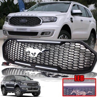 กระจังหน้า หน้ากระจัง มีไฟ LED สีขาว โลโก้ม้า รุ่น ฟอร์ด เอเวอเลส FORD EVEREST ปี 2019 - 2021 สีดำด้าน