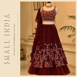 {**ส่งฟรี**} SMALL INDIA 💖✨ Maroon Georgette Net Frill 💖✨ Lehenga Choli