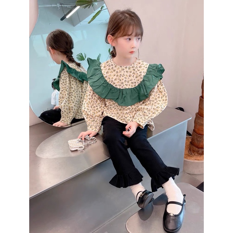 เสื้อดีไซน์ลายดอกไม้สาวคอปกระบายสีฟ้าเสื้อดีไซน์เนอร์คุณภาพสูงแขนยาวสวยน่ารัก(MSP: 934)