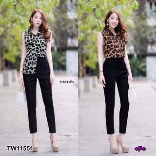 TW11551 Set 2 ชิ้น เสื้อแขนกุดกระดุมหน้าลายเสือ+กางเกงทรงเดฟ