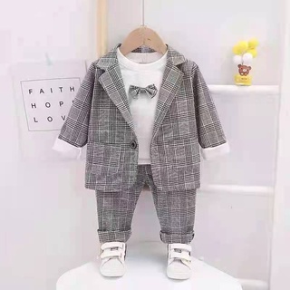 [พร้อมส่ง] ชุดเสื้อแจ็กเก็ต คอกลม ผ้าฝ้ายแท้ ลายสก๊อต และกางเกงขายาว ทรงหลวม ใส่สบาย แฟชั่นเกาหลี สําหรับเด็กผู้ชาย 3 ชิ้น