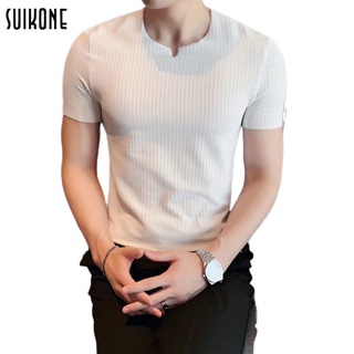 Suikone เสื้อยืด แฟชั่นผู้ชายฤดูร้อนใหม่แขนสั้นเสื้อยืดสีทึบบางลายลำลองแขนสั้น เสื้อยืดผู้ชาย