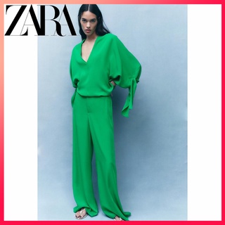 Zara เสื้อเบลาส์ ผ้าเดรป ประดับโบว์ + กางเกงขากว้าง ผ้าเดรป