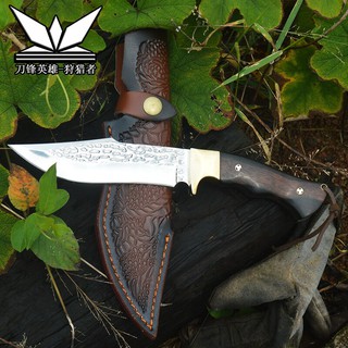 มีดใบตาย (fixed blade) มีดเดินป่า มีดโบวี่ เหล็ก D2 กั่นทองเหลือง ด้ามไม้แท้ พร้อมซองหนัง