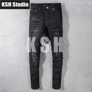 ในสต็อก! ขายดีไฮเอน​ AMIRI MX1 CLASSIC JEAN classic patched leather jeans