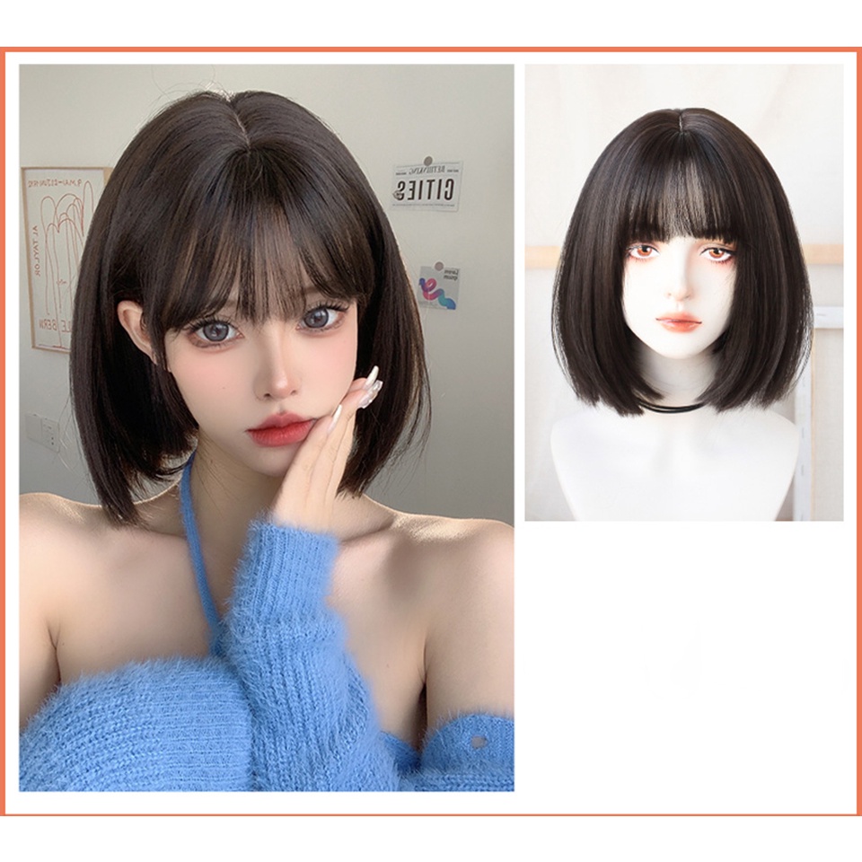 วิกผมบ๊อบสั้นตรง สังเคราะห์ ทนความร้อน หน้าม้า สีเหลือง สีดํา สีน้ําตาล สําหรับผู้หญิง ปาร์ตี้คอสเพลย์